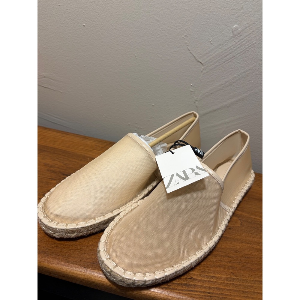 Zara Womens Mesh Espadrille Flats Beige Slip On Jute Shoes Size 39 NEW